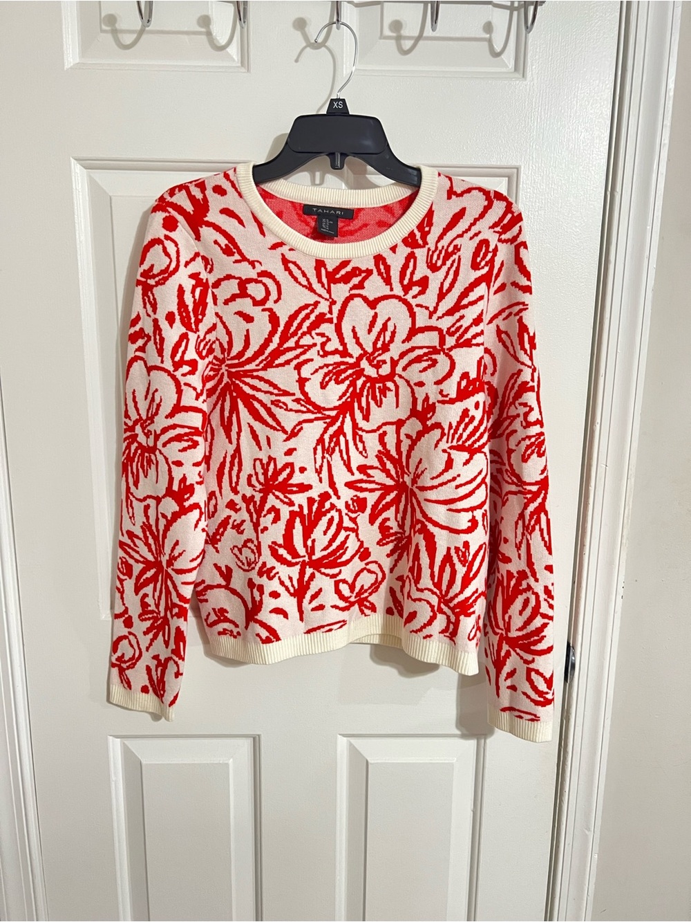 Tahari Cream Sweater with Red Floral Motif